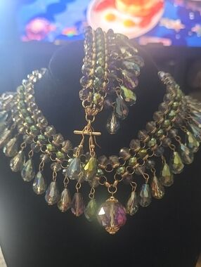 Iridescent Glass Teardrop Beaded Statement Necklace Set - Gold Tone